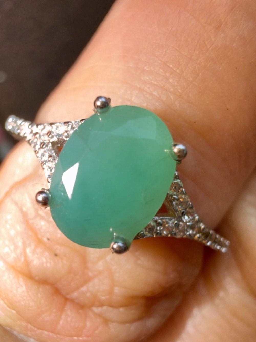 New Natural Emerald with White Topaz 925 & 14Kt White Gold Ring Sz7.5